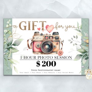 Photography Gift Certificate Template, Vintage Camera Photography Gift Card, Photo session Gift card, EDITABLE Printable Photo Voucher