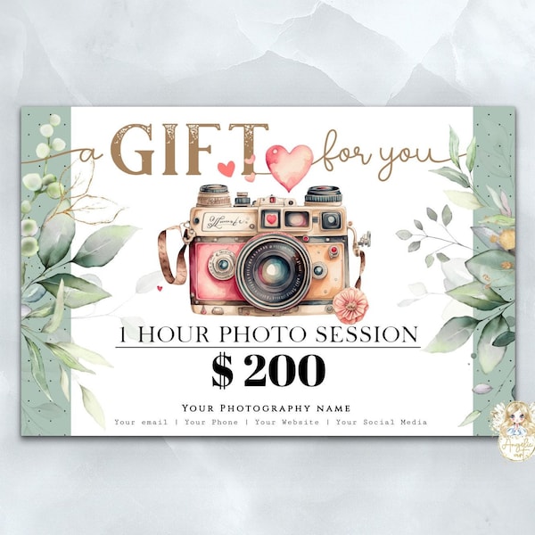 Photography Gift Certificate Template, Vintage Camera Photography Gift Card, Photo session Gift card, EDITABLE Printable Photo Voucher