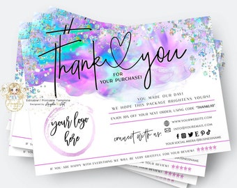 COLIBRI - Business Thank You For Your Purchase HOLOGRAPHIC Pink Blue Unicorn Pastel Modern Business Insert card Template EDITABLE Printable