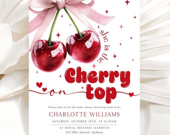 CHERRY Baby Shower Invitation Template Pink Bow Cherry on top Invite Modern Coquette Girl Baby Shower EDITABLE Printable Bow with Berries