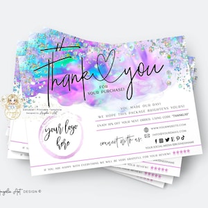 COLIBRI - Business Thank You For Your Purchase HOLOGRAPHIC Pink Blue Unicorn Pastel Modern Business Insert card Template EDITABLE Printable