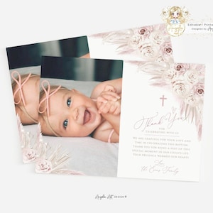 LUNA - Plantilla de Tarjeta de Agradecimiento de Bautizo de Niña Floral Boho con Foto EDITABLE Imprimible Blush Beige Boho Bautizo Niña Foto Tarjeta de Agradecimiento