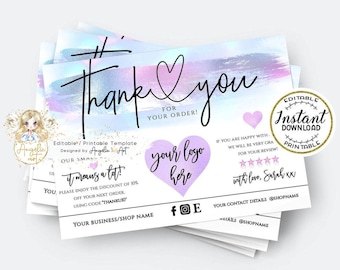 AURORA - Pastel Thank You For Your Order Insert Card Pink Blue Unicorn Watercolor Modern Business Insert card Template EDITABLE Printable