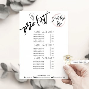 Simple Modern Price List Template, Minimalist Business Pricing, Printable Beauty Salon Photo Price List, Add Logo, DIY Price List, EDITABLE