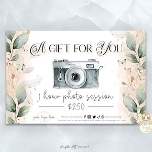 Photography Gift Certificate Template, Greenery Photography Gift Card Template, Photo session Gift card, EDITABLE Printable Photo Voucher