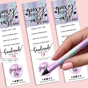 LEOPARD - Holographic EPOXY Pen Care Card Template Leopard Small Business Pen Care Card EDITABLE Printable Pink Purple Pen Care Instructions