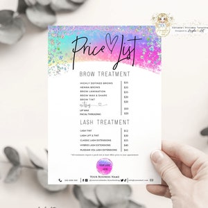 FAIRY - Editable Neon Rainbow Price List Template, Printable Holographics Glitter Pink Business Pricing Template, Modern DIY Price List