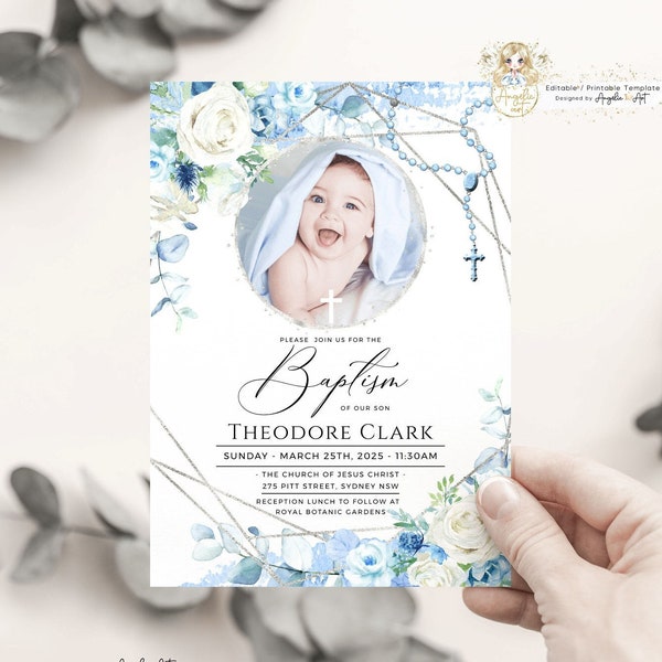 OLIVER - Floral Blue Silver Baptism Invitation Template PHOTO Baptism Invite Editable Boy Baptism Invitation Rosary Christening Printable