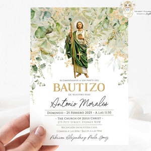 San Judas Invitación Bautizo Greenery Gold Invitacion de Bautizo imprimible Spanish Baptism EDITABLE San Judas Bautizo Niño Niña - AVERY