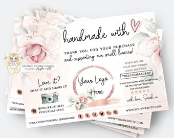 FLORAL Handmade With Love Business Insert card Template Floral Rosegold Crafts Insert Card Packaging EDITABLE Printable Snap & Share Card