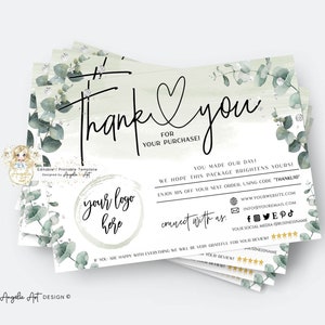 EUCALYPTUS1 - Plantilla de tarjeta de agradecimiento empresarial, inserto del paquete de agradecimiento de plata verde salvia, agradecimiento comercial imprimible editable por la compra