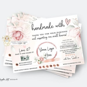 FLORAL Handmade With Love Business Insert card Template - Floral Rosegold Crafts Insert Card - Packaging - EDITABLE Printable - Snap & Share