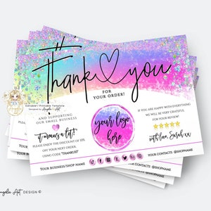 FAIRY - Holographic Business Thank You Template, EDITABLE Order Insert Card, Pink Rainbow Unicorn Business Insert card, Printable DIY Card
