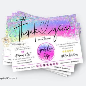 FAIRY - Holografische Business Thank You Template, BEWERKBARE Order Insert Card, Pink Rainbow Unicorn Business Insert card, Afdrukbare DIY Card