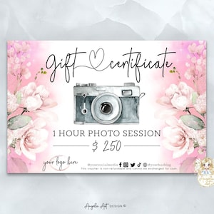 Plantilla de certificado de regalo de fotografía Plantilla de tarjeta de regalo de fotografía floral rosa, tarjeta de regalo de sesión de fotos EDITABLE, vale de foto imprimible