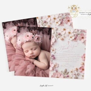 FLEUR - Modello di biglietto di ringraziamento per battesimo di bambina rosa cipria con foto floreale con fiori di campo e foto di battesimo di bambina, MODIFICABILE, stampabile