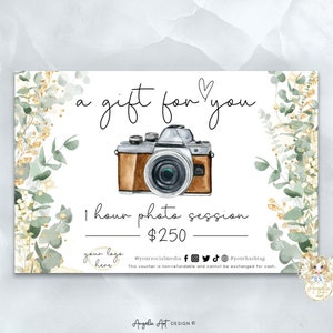 Plantilla de certificado de regalo de fotografía editable Plantilla de tarjeta de regalo de fotografía Greenery Gold Tarjeta de regalo para sesión de fotos Vale fotográfico imprimible