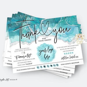 SIREN - Teal Silver Business Thank You Template, Teal Insert Card Template, Editable Aqua Small Business Packaging Insert Card Printable