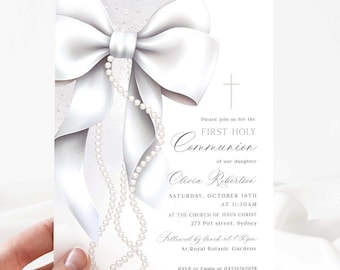 May include: White first communion invitation with a pearl necklace and a large white bow. The invitation reads "Please join us for the First Holy Communion of our daughter, Claven Robertsen, Saturday, October 18th at 11:30 AM at the Church of Jesus Christ, 275 Pitt Street, Sydney. Followed by lunch at 1 pm at Royal Botanic Gardens. RSVP to Emma at 04531567058 by the October 10th."