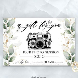 Bewerkbare afdrukbare fotografie-cadeaubonsjabloon Greenery Gold Photography-cadeaukaartsjabloon Fotosessie Cadeaubon fotovoucher