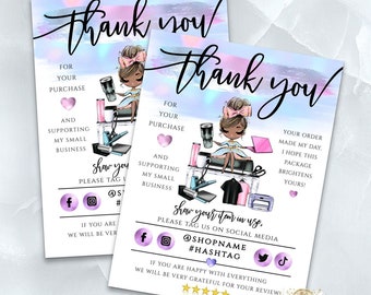May include: A thank you card with a watercolor background in shades of blue and purple. The card features a cartoon illustration of a woman with pink hair and a pink dress. The text on the card reads "Thank you" and includes instructions for customers to tag the shop on social media.