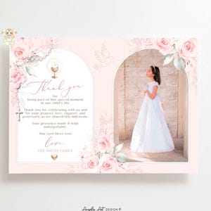 AMELIA - Editable Blush Pink Rosary Photo First COMMUNION Thank You Card Template, EDITABLE Digital