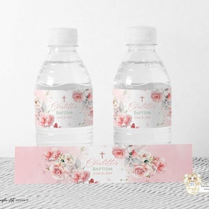 BELLE - Blush roze bloemen doop waterfles labelsjabloon BEWERKBARE doop gunst Tags afdrukbare Blush roze water label meisje doop cadeau