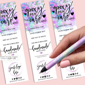 COLIBRI - Modèle d'instructions d'entretien pour stylo époxy à paillettes holographiques Carte d'entretien pour emballage de stylo époxy Licorne Carte d'entretien imprimable modifiable pour stylo