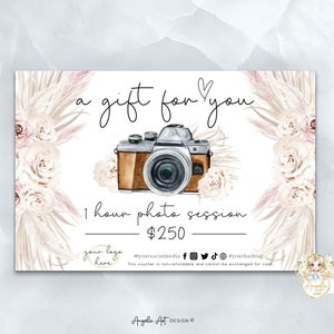 Photography Gift Certificate Template Boho Floral Photography Gift Card Template Photo session Gift card EDITABLE Printable Photo Voucher