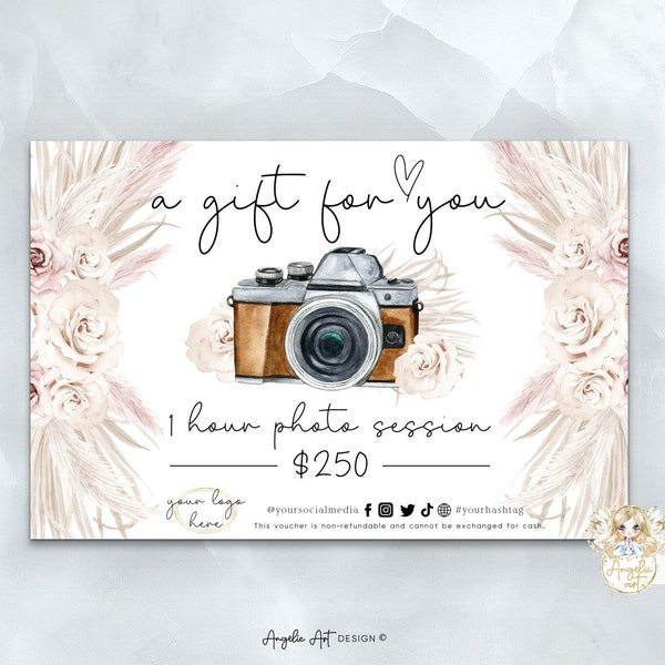 Photography Gift Certificate Template Boho Floral Photography Gift Card Template Photo session Gift card EDITABLE Printable Photo Voucher