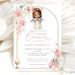 Invitación de Primera Comunión para Niña Invitation In Spanish Florístico Comunión EDITABLE Para Imprimir Pink Flores Primera Holy Communion