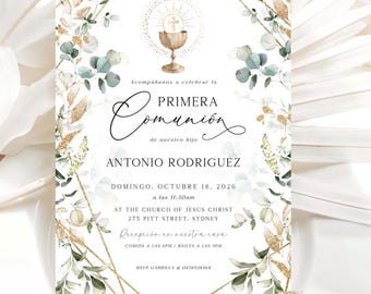 May include: A white invitation with gold geometric frames and green watercolour leaves. The text reads "Acompáñanos a celebrar la Primera Comunión de nuestro hijo Antonio Rodriguez Domingo, Octubre 18, 2026 a las 11:30am At The Church of Jesus Christ 275 Pitt Street, Sydney Recepción en nuestra casa Come a las 1:00 pm RSVP Gabriela 0492824668"