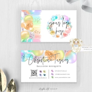 Sjabloon voor visitekaartjes BALLONNEN, visitekaartje RAINBOW-ballonboeketten, bewerkbaar afdrukbaar ontwerp regenboog diY-visitekaartje, logo/QR toevoegen