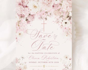 ELIANA - Blush Pink Floral SAVE The DATE Baptism Christening Invitation, Editable (Digital Template)