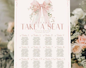 IVY - Pink Floral Bow Taufe Sitzplan Vorlage, EDITIERBARER Digitaler Tischplan