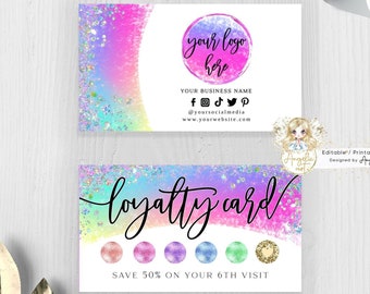 FAIRY - Neon Rainbow Loyalty Card Template, Editable Rainbow Rewards Card, Modern Colorful Customer Loyalty Card Design, DIY Loyalty Card