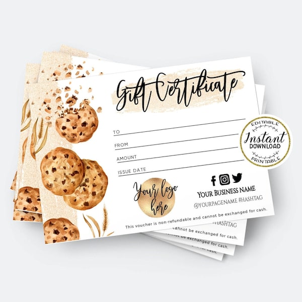 Cookie Shop Gift Certificate Template - Editable Bakery Voucher (Digital Download)