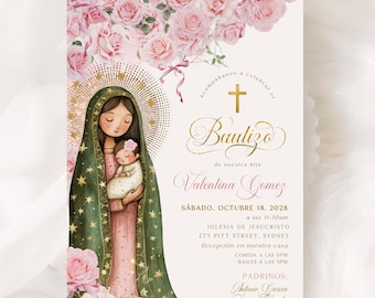 Virgen de Guadalupe Invitación Bautizo Niña, Pink Roses Spanish Baptism Invitation EDITABLE Imprimible - 11