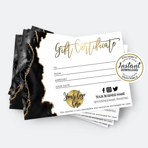 LUXURY Black Gold Gift Certificate Template ADD Your LOGO Editable Gift Card Template Printable Modern Gold Gift Voucher Template