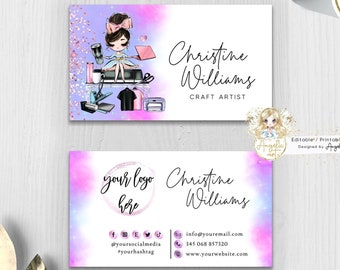 T-shirt Tumbler Maker Craft Business Card Template, Editable Printable Pink Purple Glitter Crafter DIY Business Card FH007