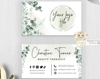 May include: A white business card with a green eucalyptus leaf design. The text on the card reads "Christine Turner, Beauty Therapist". The card also includes social media icons, a phone number, email address, and website address.