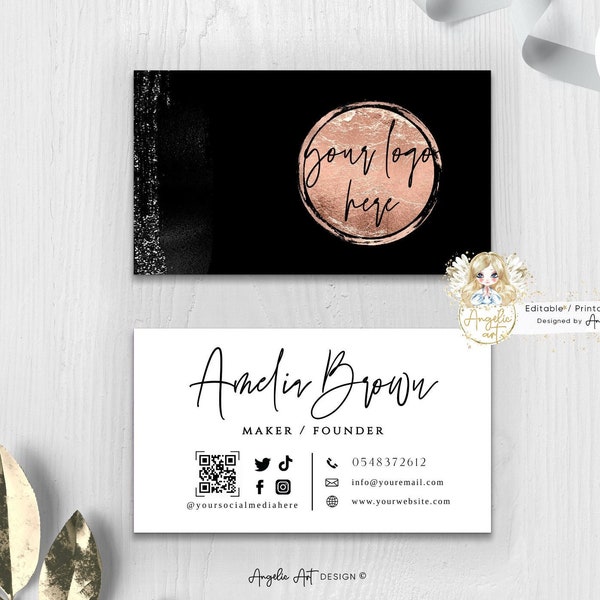 NOIR - Modern Black Business Card Template, Black Rosegold Business card Editable Printable Business Card ADD your LOGO Black Branding