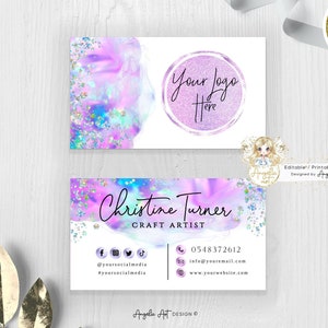 COLIBRI - Visitenkartenvorlage, holographische Glitter Pink Blau Einhorn Aquarell Moderne Visitenkarte Bearbeitbar Druckbar fügen Sie Ihr LOGO hinzu