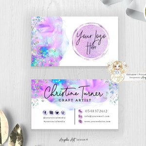 COLIBRI - Business Card Template,Holographic Glitter Pink Blue Unicorn Watercolor Modern Business card Editable Printable ADD your LOGO