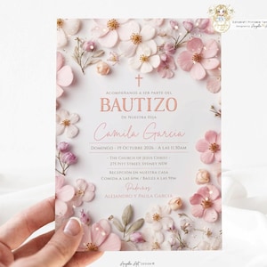 FLEUR - Invitation de baptême floral fille rose poudré Invitación de bautizo Niña Floral Baptism Girl espagnol MODIFIABLE Para Imprimir