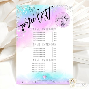 Op de afbeelding: Een roze en blauwe aquarelprijslijst sjabloon met glitteraccenten. De tekst "price list" is geschreven in een cursief lettertype. De sjabloon bevat ruimte voor een bedrijfsnaam, logo en product-/dienstprijzen.
