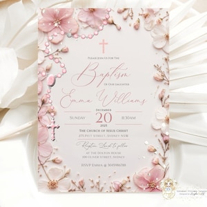 FLEUR - Modello stampabile battesimo floreale rosa cipria Invito battesimo battesimo ragazza Fiori selvatici Rosario Battesimo MODIFICABILE