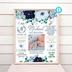 BLUE Baptism Chalkboard Sign - Floral Baptism Milestone - Baptism Printable - EDITABLE Personalized Baptism Gift Boy - Add Your Photo