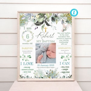 GREENERY Baptism Chalkboard Sign Add Your Photo Baptism Printable Gift Sign EDITABLE Personalized Baptism Gift Baptism Milestone Sign