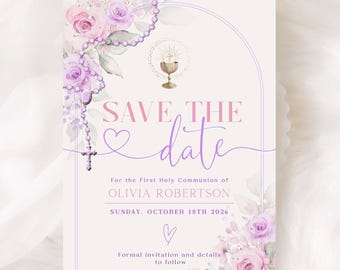MAEVE - SAVE The DATE First Holy Communion Pink Lilac Floral Invitation Girl, Editable (Digital Template)